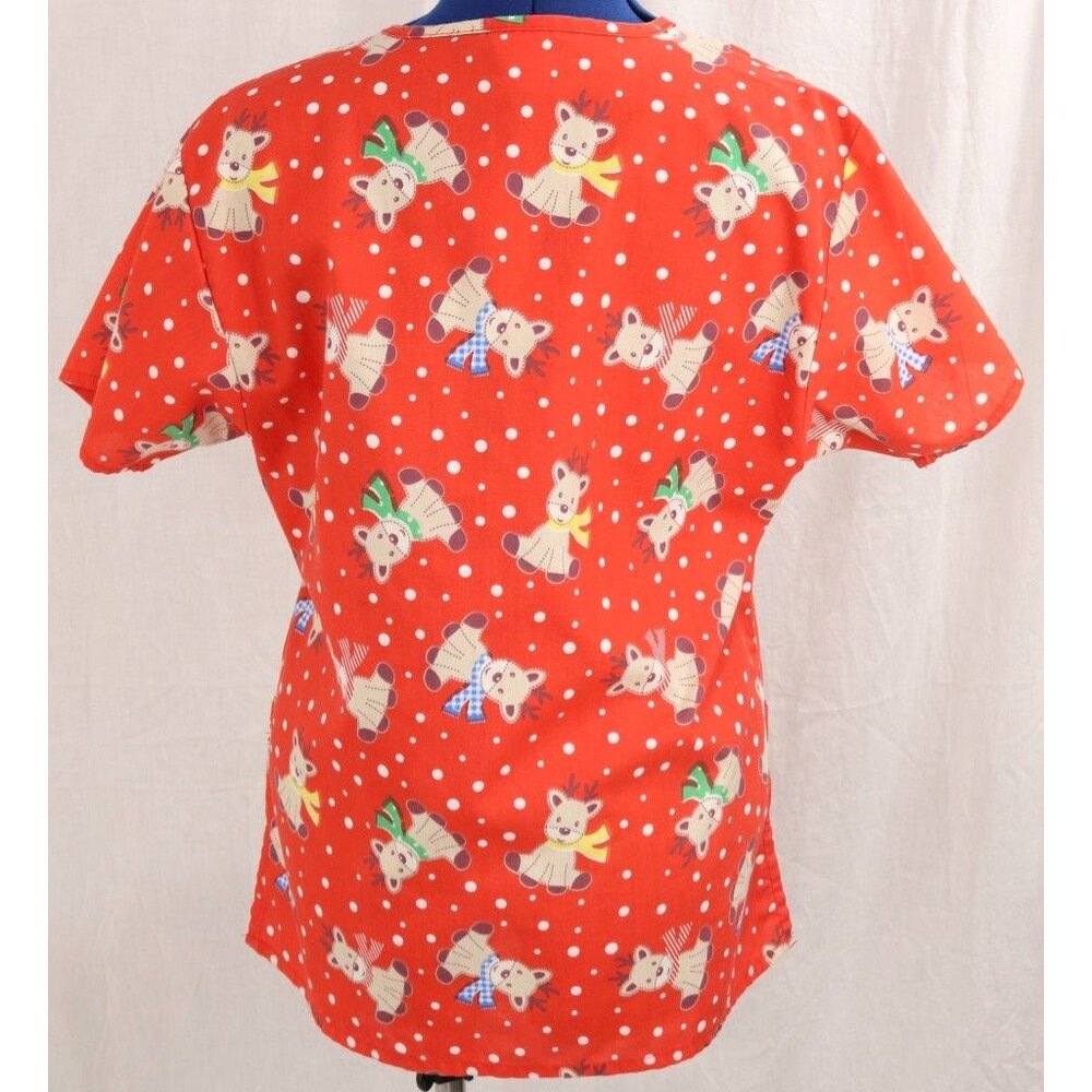 Womens Red RMF Scrubs XS Baby Reindeer Christmas Medical Top VTG Shirt - Picture 3 of 9